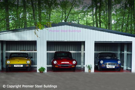 Three luxury old cars inside three bays of a building